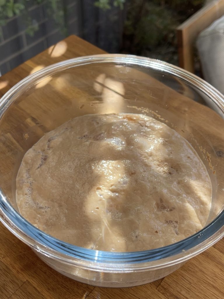 Yeast, warm milk, and a small amount of sugar mixed in a bowl, sitting until foamy and act