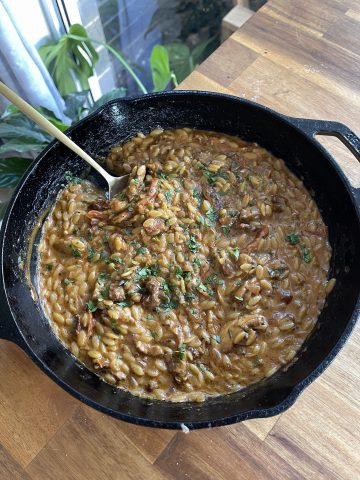 Overhead shot of creamy orzo with golden chicken pieces, sun-dried tomatoes, and herb garnish